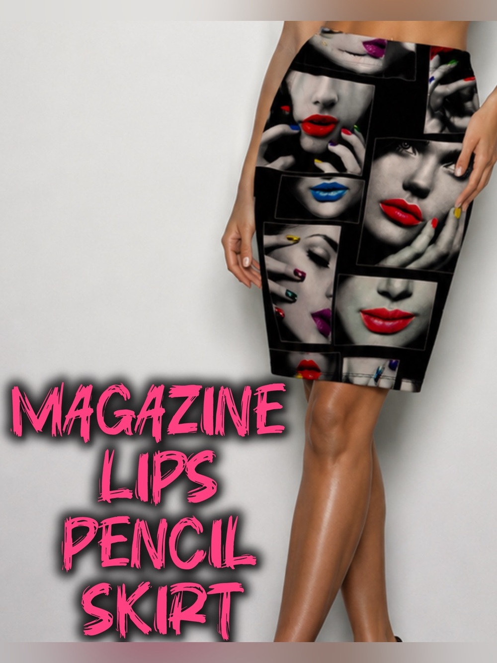 Cleo Pop Art / Comic Colorful Lips + Nail Stretchy Pencil Skirt M